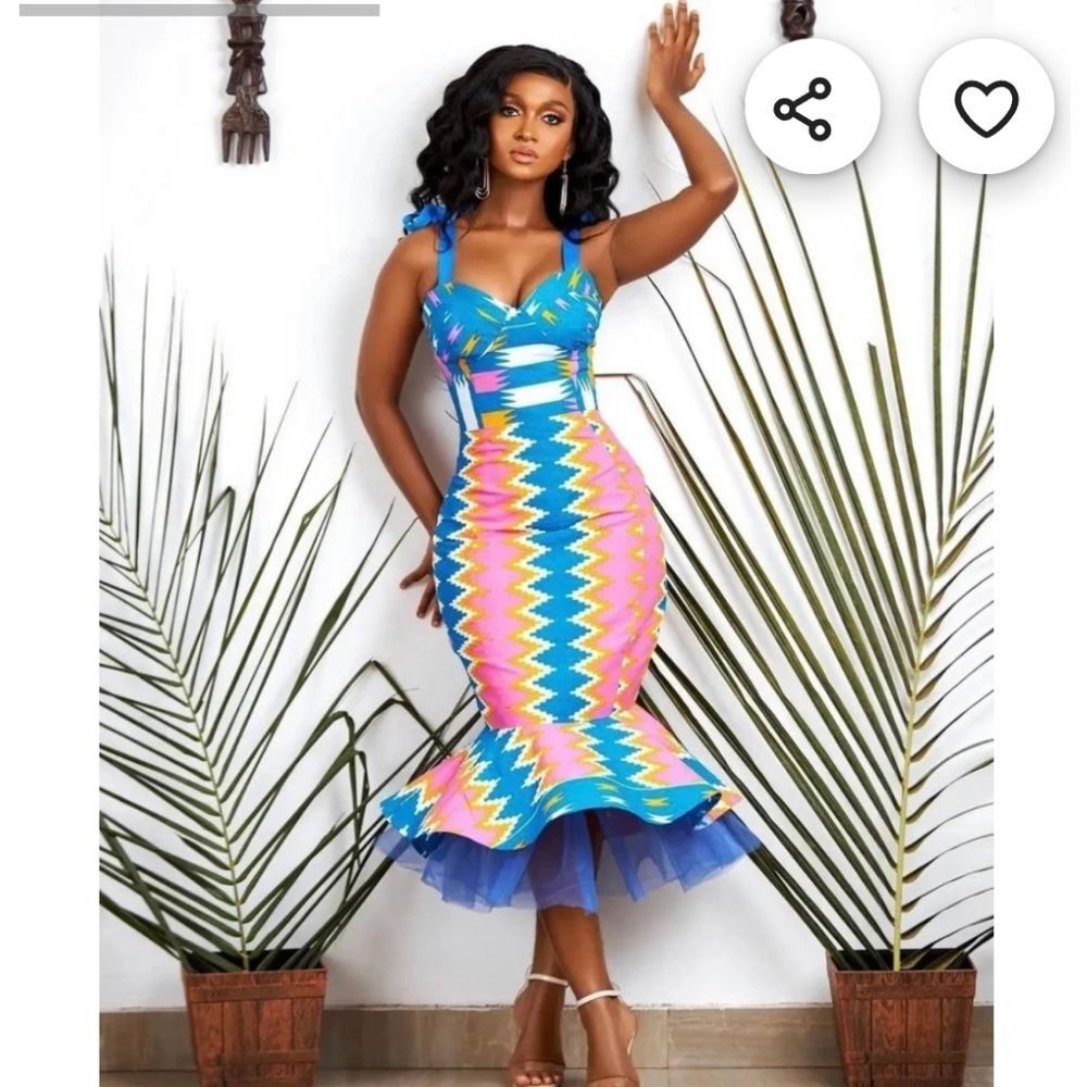 True Fond Akai Kente Dress African Mermaid Gown Traditional Wedding‎ Gown Sz Lg